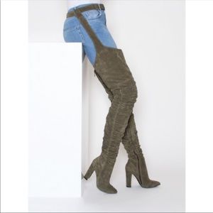 OLIVE GREEN BELTED THIGH HIGH BOOTS